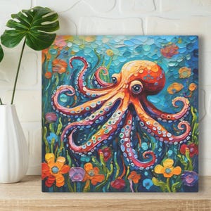 Octopus Art Print on Framed Canvas or Poster Paper, Original Oil Painting Artwork, Cute Aquatic Sea Animal & Flowers, Gift For Octopus Lover