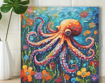Octopus Art Print • Whimsical Folk Art Painting • Eclectic Wall Decor • Sea Animal & Flowers • Framed Canvas Poster Gift For Octopus Lover