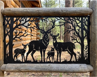 Deer Family Forest Steel Fence Panel • Outdoor Deck Privacy Screen • Metal Gate Insert • Pergola Patio Yard Railing Art • Cabin Lodge Decor
