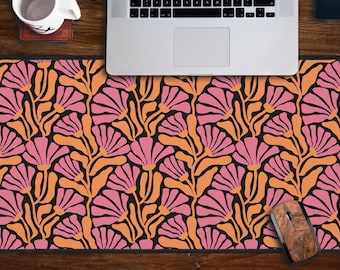 Floral Desk Mat, Girly Pink Orange Retro Flower Desk Mat, Abstract Floral Desk Top Mouse Pad Cover, Groovy Deskmat, Hippie Trippy Desk Mat