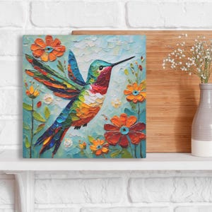 Hummingbird Art Print • Whimsical Folk Art Painting • Eclectic Wall Decor • Bird & Flowers • Framed Canvas Poster Gift for Hummingbird Lover image 4