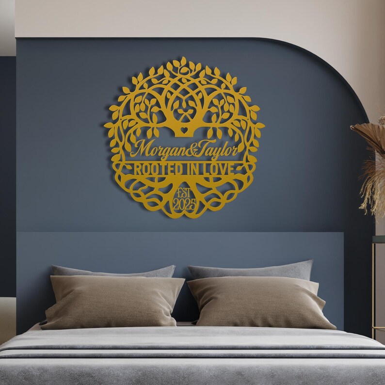 Personalized Wedding Gift for Couple, Metal Established Sign, Custom Marriage Date Sign, Family Tree of Life Metal Wall Art, Metal Name Sign image 10