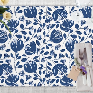 Blue and White Place Mats, Floral Placemat, Spring Placemats Set of Six, Modern Abstract Flower and Leaves Placemat, Blue Placemats Set of 4