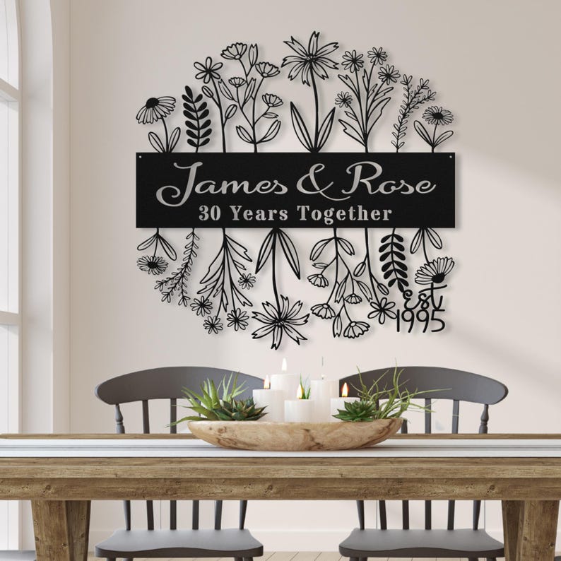 30th Wedding Anniversary Gift for Parents, 30 Years Together Wildflower Metal Name Sign Wall Art, Custom Flower Anniversary Gift for Husband image 1