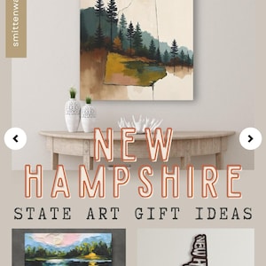 The image is a collage featuring various artworks and decorative items related to New Hampshire, including a landscape painting, a vase, and a wooden sculpture.