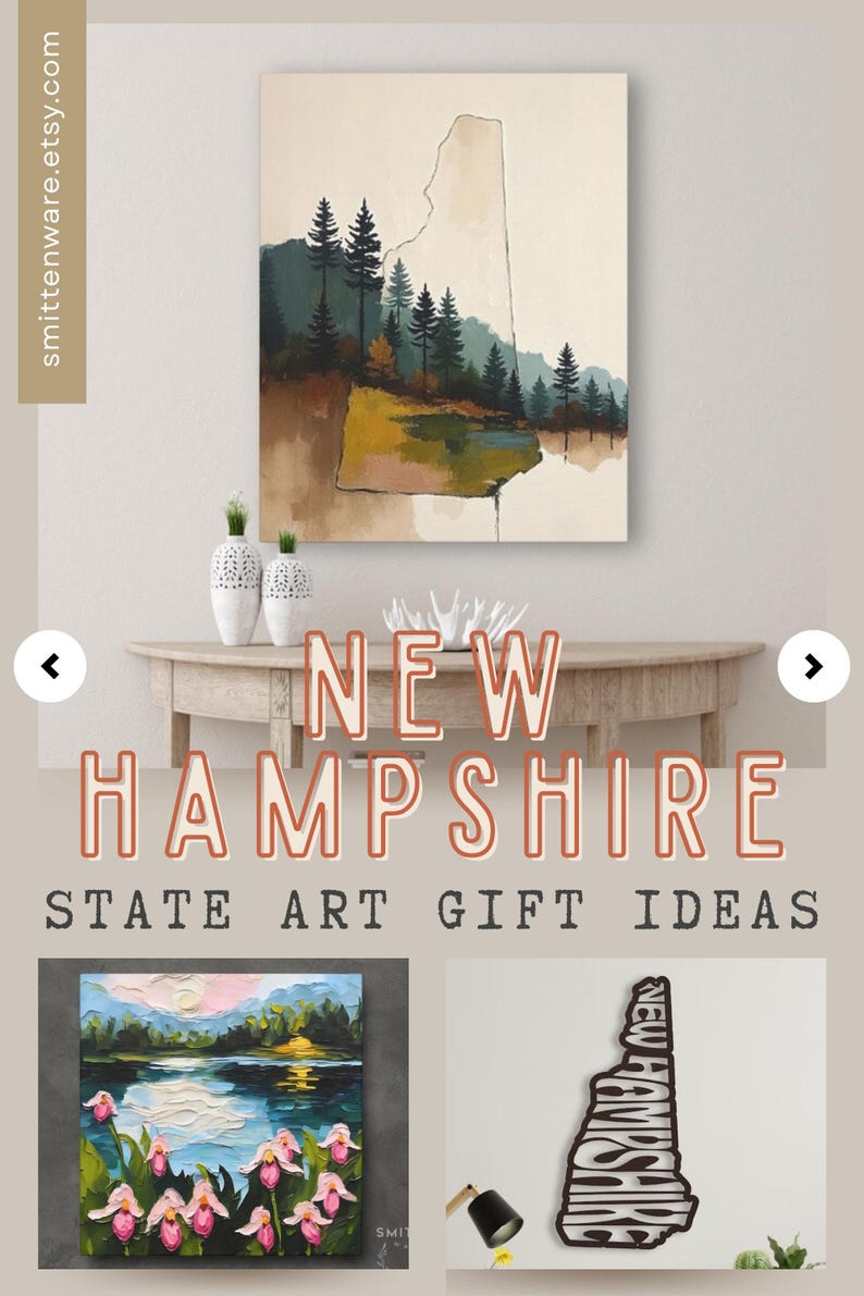 The image is a collage featuring various artworks and decorative items related to New Hampshire, including a landscape painting, a vase, and a wooden sculpture.