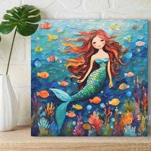 Mermaid Art Print • Whimsical Folk Art Painting • Eclectic Wall Decor • Fish & Sea Animals • Framed Canvas Poster Gift For Mermaid Lover Bild 7