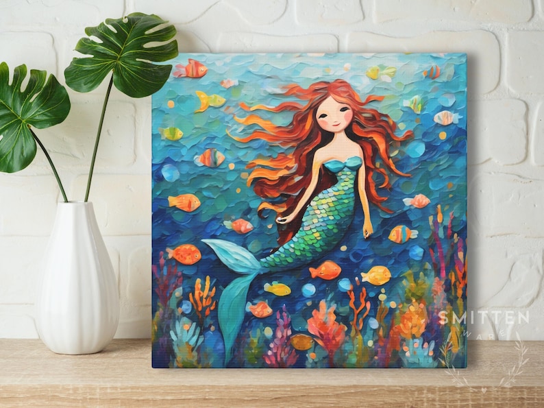 Mermaid Art Print • Whimsical Folk Art Painting • Eclectic Wall Decor • Fish & Sea Animals • Framed Canvas Poster Gift For Mermaid Lover Bild 7