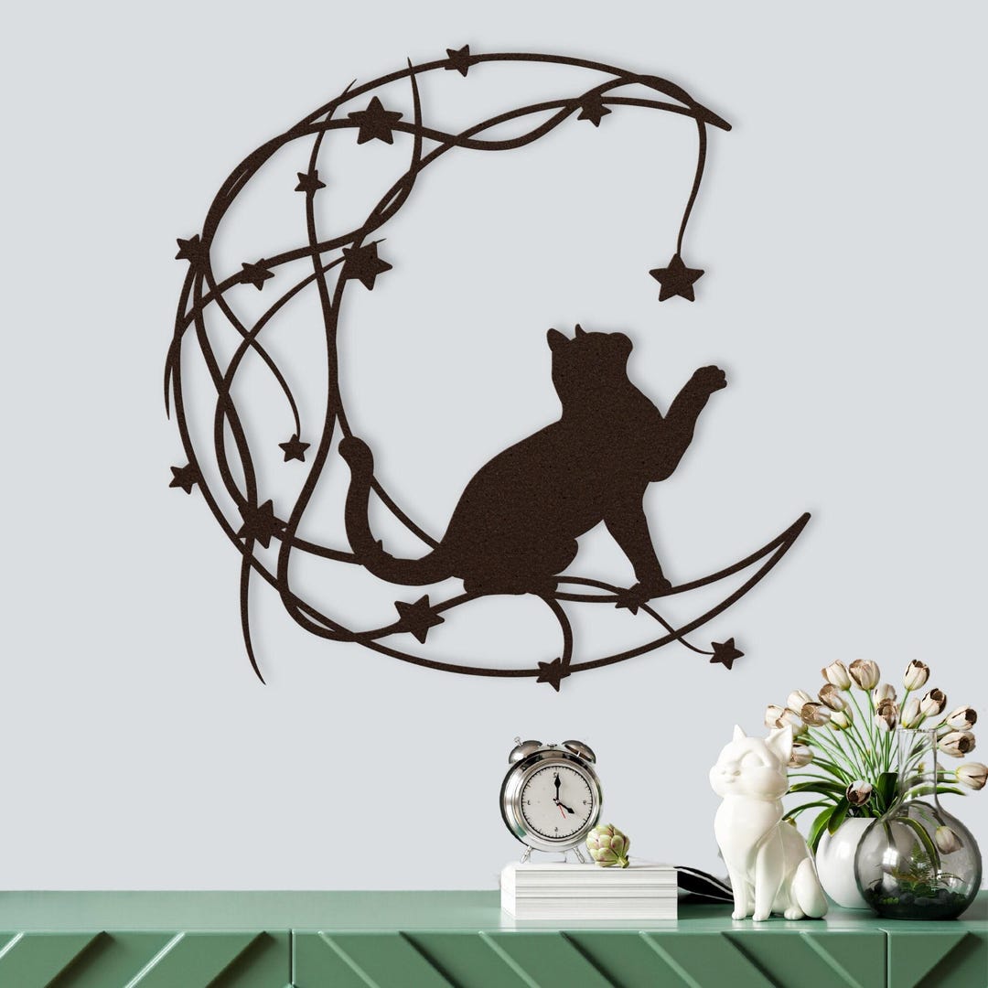 Metal Cat Wall Decor, Black Cat Wall Art Home Decorations (Cat Scratched Stars) 13Inch