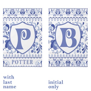 May include: Two blue and white patterned fabric panels with a blue letter 'P' in a white shield. The panel on the left has the word 'POTTER' below the shield. The panel on the right has only the shield with the letter 'P'.