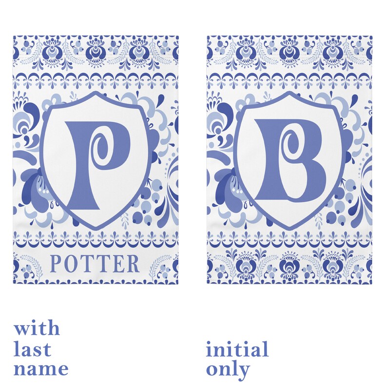 May include: Two blue and white patterned fabric panels with a blue letter 'P' in a white shield. The panel on the left has the word 'POTTER' below the shield. The panel on the right has only the shield with the letter 'P'.