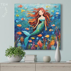 Mermaid Art Print • Whimsical Folk Art Painting • Eclectic Wall Decor • Fish & Sea Animals • Framed Canvas Poster Gift For Mermaid Lover Bild 4