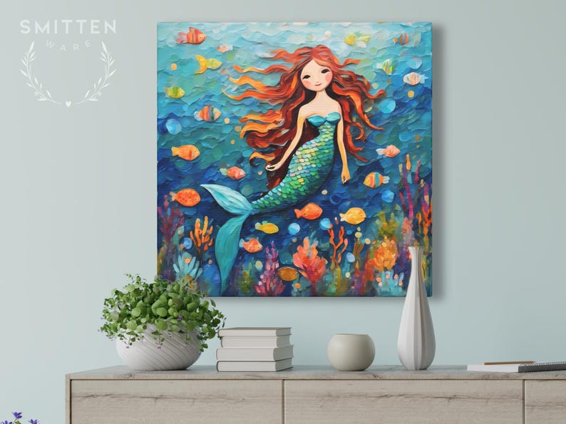 Mermaid Art Print • Whimsical Folk Art Painting • Eclectic Wall Decor • Fish & Sea Animals • Framed Canvas Poster Gift For Mermaid Lover Bild 4