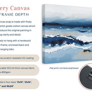 Pintura abstracta de olas del océano en tonos azules intensos, olas rompiendo en la playa, paisaje marino relajante, decoración de pared costera, lienzo horizontal o impresión. imagen 2