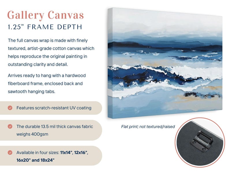 Pintura abstracta de olas del océano en tonos azules intensos, olas rompiendo en la playa, paisaje marino relajante, decoración de pared costera, lienzo horizontal o impresión. imagen 2