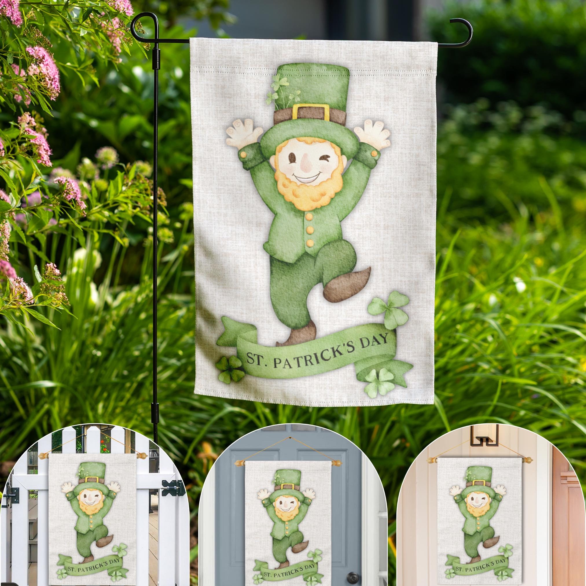 EKORESS St. Patricks Day Gartenflagge - Irischer Kobold Mit Kleeblättern, Outdoor-Dekoration, 30,5x45,7 Cm
