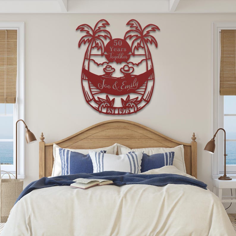 50th Anniversary Gift for Parents, 50 Years Together Tropical Beach Sunset Metal Name Sign Wall Art, Wedding Anniversary Gift for Couple image 14