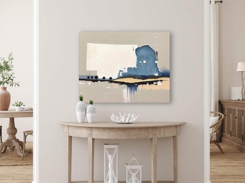 Abstract Nebraska State Silhouette Wall Art Print, Modern Minimalist Landscape Painting In Neutral Blue And Beige Muted Color Artwork Decor image 8