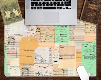 Bibliotheekboek bureaumat, leesgrage bureauonderlegger, boekenliefhebber bureaudecor, muismat boekthema, beige en groen bureaumat, grote muismat, cadeau bibliothecaris