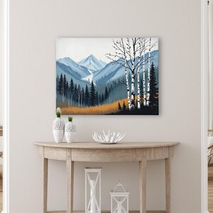 Birch Tree Painting, Neutral Mountain Landscape Art Print, Muted Blue Green Forest River Valley Nature Scene Wall Art, Fall Home Wall Decor Bild 7