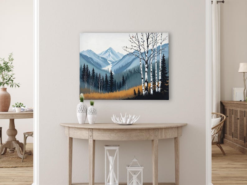 Birch Tree Painting, Neutral Mountain Landscape Art Print, Muted Blue Green Forest River Valley Nature Scene Wall Art, Fall Home Wall Decor Bild 7