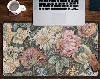 Tapete de escritorio con tapiz, tapete floral oscuro, tapete vintage con tapiz, tapete para mouse con tapiz, tapete floral verde y rosa, tapete para teclado