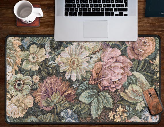 Tapestry Desk Mat, Dark Floral Deskmat, Vintage Tapestry Deskpad, Tapestry Mouse Pad, Green And Pink Floral Print Mousepad, Keyboard Mat