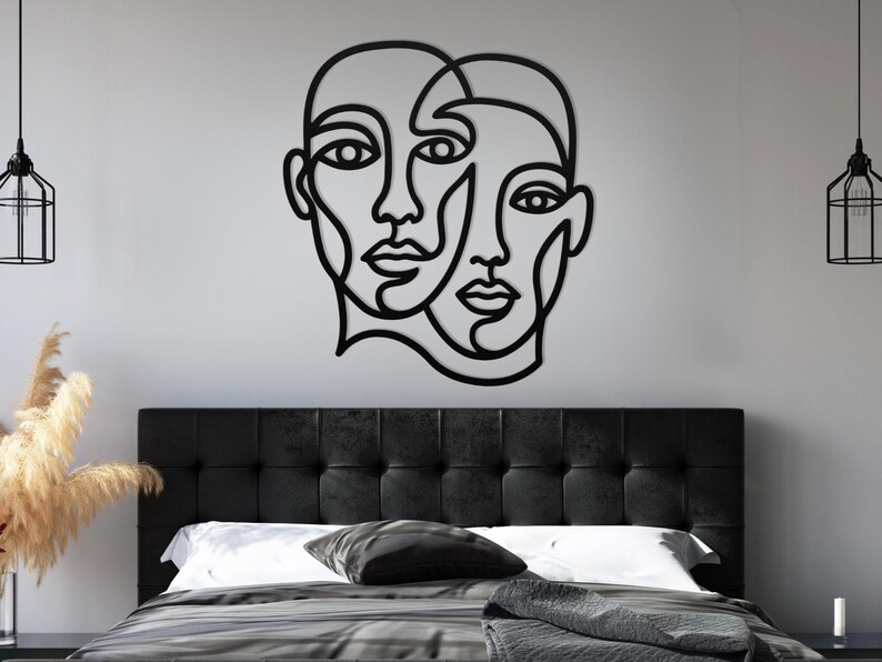 Black couple line art, romantic bedroom wall decor above bed.