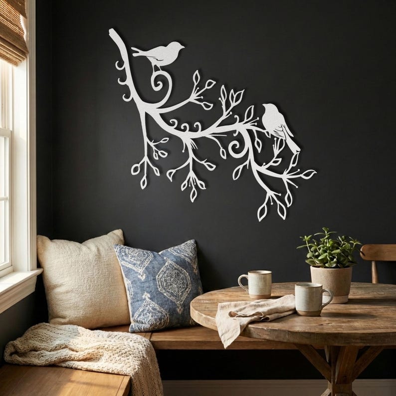 White metal nature art for breakfast nook, spring bird decoration.