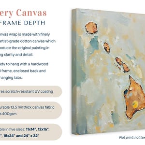 Impresión artística de pared con silueta abstracta del estado de Hawái, pintura texturizada minimalista moderna en colores neutros y apagados, decoración en azul aguamarina y naranja. imagen 2