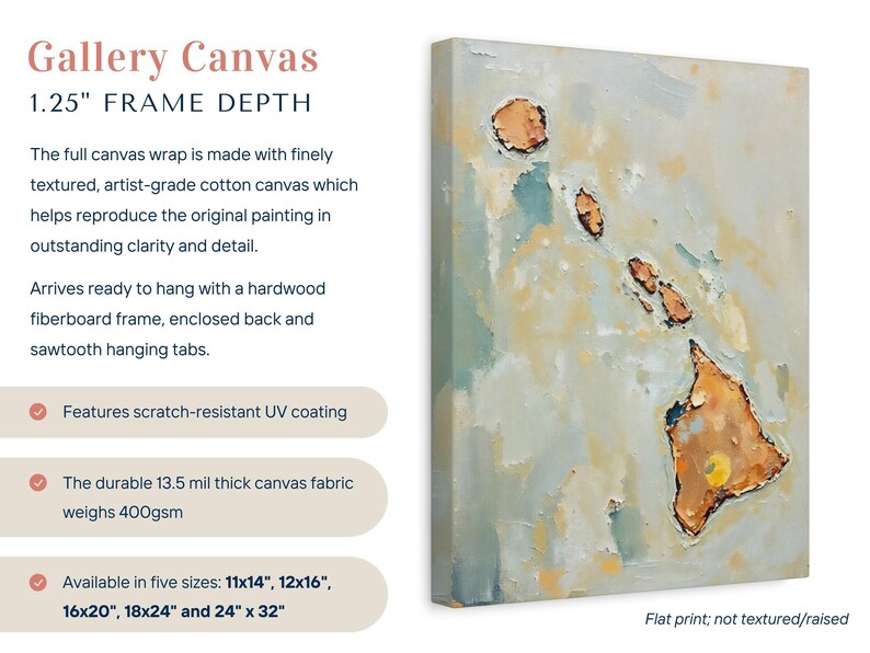 Impresión artística de pared con silueta abstracta del estado de Hawái, pintura texturizada minimalista moderna en colores neutros y apagados, decoración en azul aguamarina y naranja. imagen 2