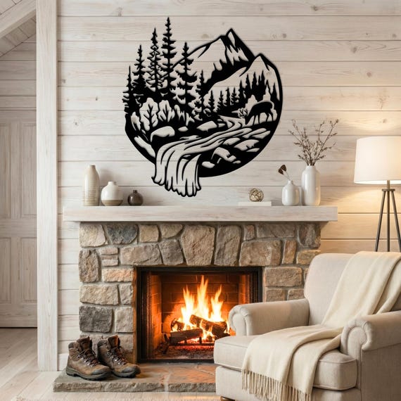 Metal Waterfall Wall Art • Mountain Buck Deer River Scene • Rustic Lodge Cabin Decor • Woodland Pine Tree Sign • Nature Landscape Sculpture