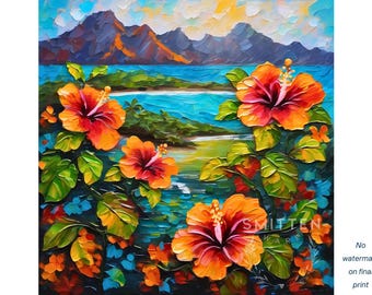 Hawaii Hibiscus Art - Giclee Print or Canvas Wall Art, Tropical Flower Hawaiian Landscape Print, Original Oil Painting Artwork