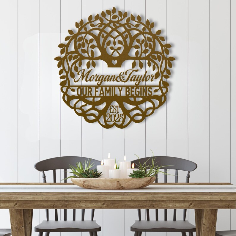 Personalized Wedding Gift for Couple, Metal Established Sign, Custom Marriage Date Sign, Family Tree of Life Metal Wall Art, Metal Name Sign image 9