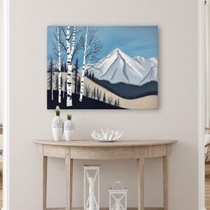 Birch Tree Painting, Minimalistic Abstract Mountain Landscape Wall Art, Blue White Gray Oil Painting Canvas Art Print, Modern Nature Artwork image 5