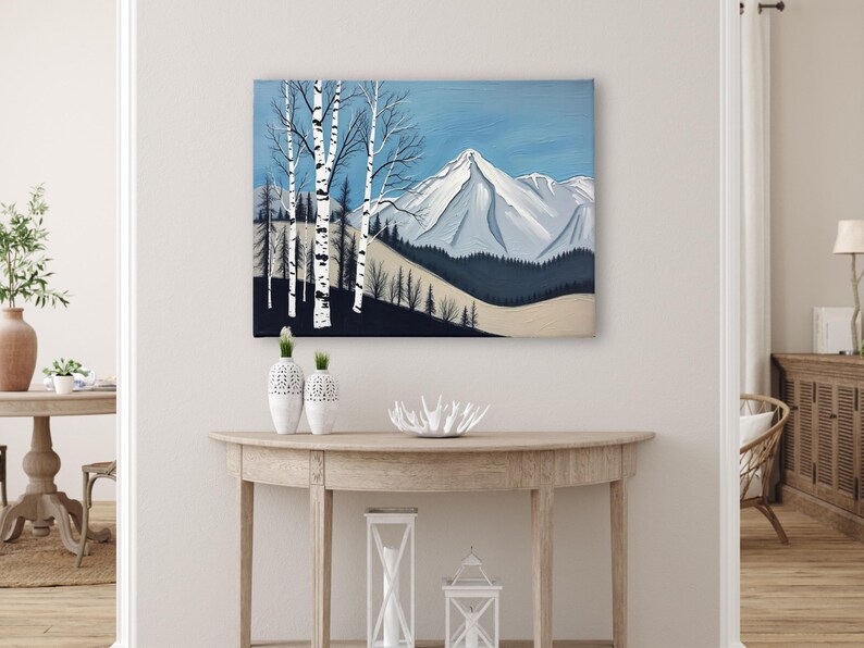 Birch Tree Painting, Minimalistic Abstract Mountain Landscape Wall Art, Blue White Gray Oil Painting Canvas Art Print, Modern Nature Artwork image 5