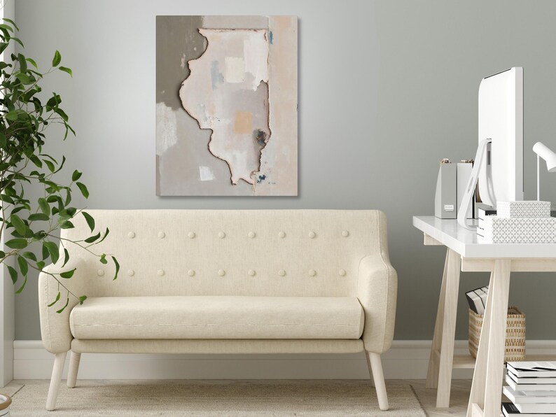 Abstract Illinois State Silhouette Wall Art Print, Modern Minimalist Textured Painting In Neutral Muted Color Artwork, Dusty Pink Gray Decor image 6