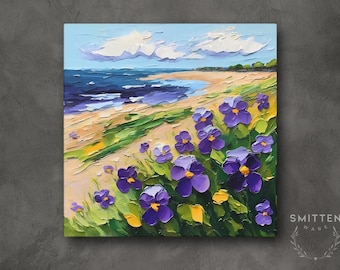Arte mural de Jersey Shore y arte de flores violetas sobre lienzo impreso / Pintura de paisaje con flores del estado de Nueva Jersey, decoración del hogar, regalo