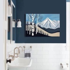 Birch Tree Painting, Minimalistic Abstract Mountain Landscape Wall Art, Blue White Gray Oil Painting Canvas Art Print, Modern Nature Artwork image 9