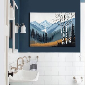 Birch Tree Painting, Neutral Mountain Landscape Art Print, Muted Blue Green Forest River Valley Nature Scene Wall Art, Fall Home Wall Decor Bild 8