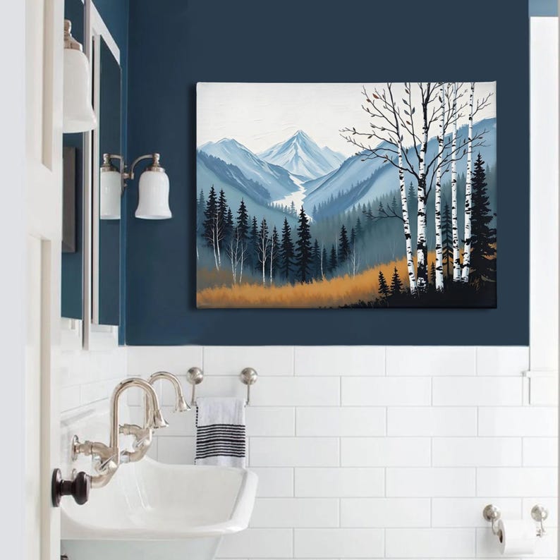 Birch Tree Painting, Neutral Mountain Landscape Art Print, Muted Blue Green Forest River Valley Nature Scene Wall Art, Fall Home Wall Decor Bild 8