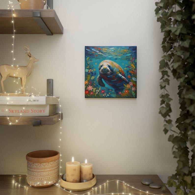 Manatee Art Print • Whimsical Folk Art Painting • Eclectic Wall Decor • Sea Animal Garden • Framed Canvas Poster Gift For Manatee Lover image 6
