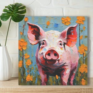 Pig Art Print • Whimsical Folk Art Painting • Eclectic Wall Decor • Colorful Farm Animal • Farmhouse Framed Canvas Poster Gift For Pig Lover