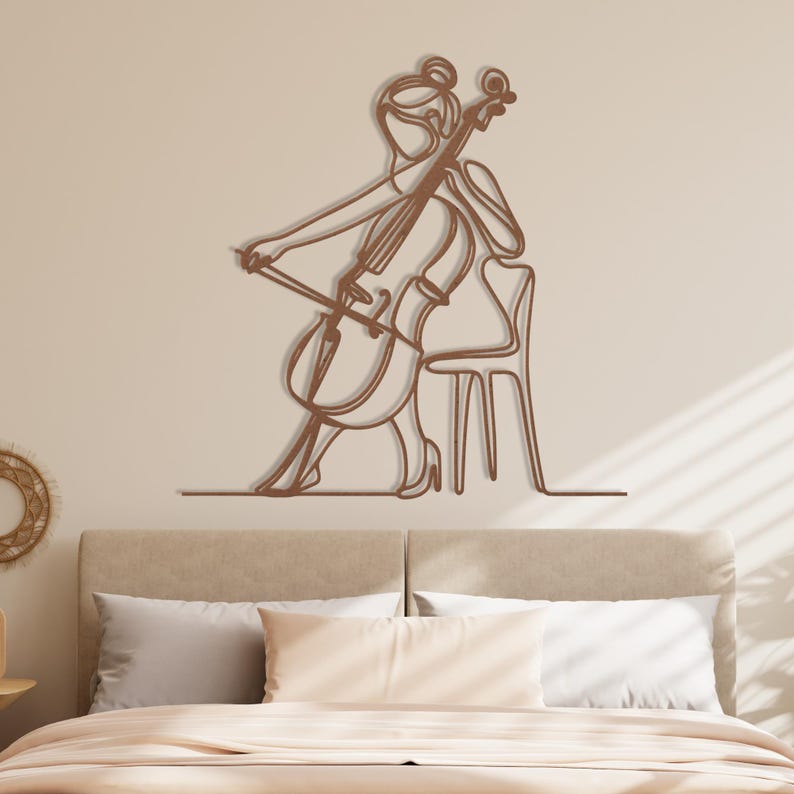 Cello speler metalen muur kunst, vrouwelijke cellist metalen bord, klassiek snaarinstrument muzikant metal kunst, orkest metalen muur hangend decor afbeelding 13