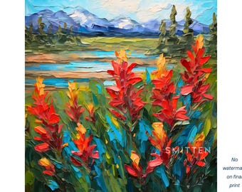 Wyoming Art Print, Canvas Wall Art, Wyoming State Flower Indian Paintbrush Mountain Landscape, Original Oil Painting Artwork
