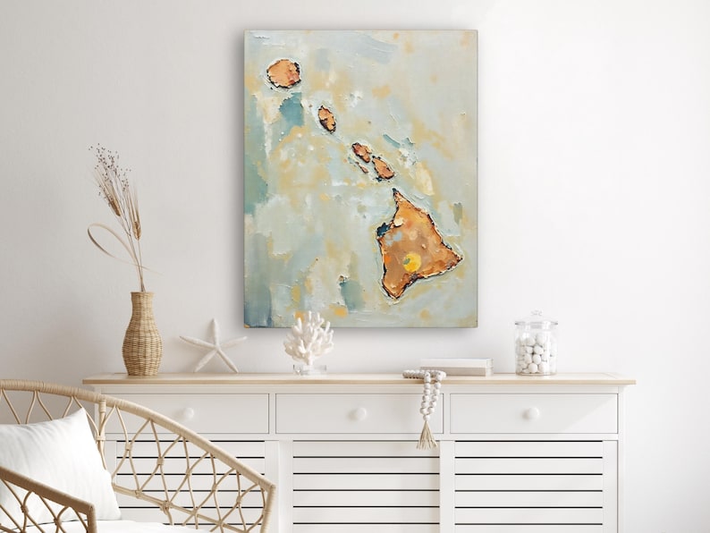 Impresión artística de pared con silueta abstracta del estado de Hawái, pintura texturizada minimalista moderna en colores neutros y apagados, decoración en azul aguamarina y naranja. imagen 1