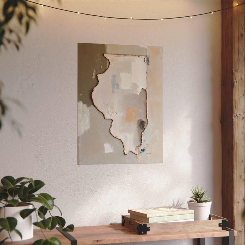 Abstract Illinois State Silhouette Wall Art Print, Modern Minimalist Textured Painting In Neutral Muted Color Artwork, Dusty Pink Gray Decor image 9