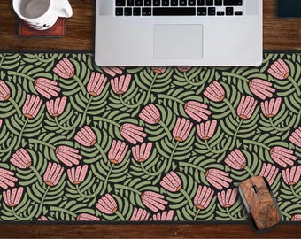 Retro Flower Desk Mat, Girly Pink Orange Floral Desk Top Mouse Pad, Cute Sage Green Desk Pad, Botanical Florals Cottage Core Desk Mat Matcha
