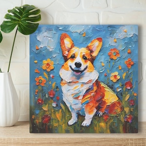 Corgi Dog Art Print • Whimsical Folk Art Painting • Eclectic Wall Decor • Dog & Flowers • Framed Canvas Poster Gift for Corgi Owner + Lover