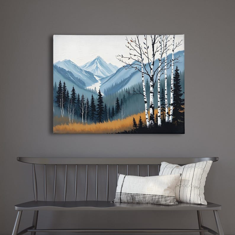 Birch Tree Painting, Neutral Mountain Landscape Art Print, Muted Blue Green Forest River Valley Nature Scene Wall Art, Fall Home Wall Decor Bild 1